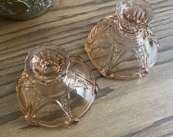 Vintage Depression Glass Pink Candle Holders Set Of 2 Pink Glass Candleholders