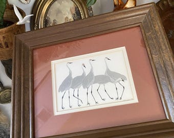 Vintage Midcentury 1979 Inramad "Sandhill Cranes" Wendy Morgan Tryck Passepartoutram