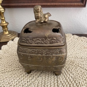 Antique Chinese Bronze Foo Dog Censer: Vintage Temple Incense Burner