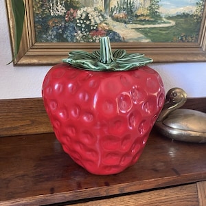 Vintage McCoy Pottery USA 263 Red Strawberry Cookie Jar With Green Stem Lid