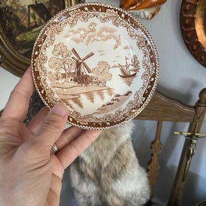 Vintage Brown Transfer Ware Berry Bowl Holland Windmill Japan Single Bowl