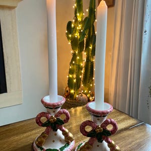 Vintage jaren 90 Hermitage aardewerk keramische kerstkandelaars strik hulst kandelaars PAAR