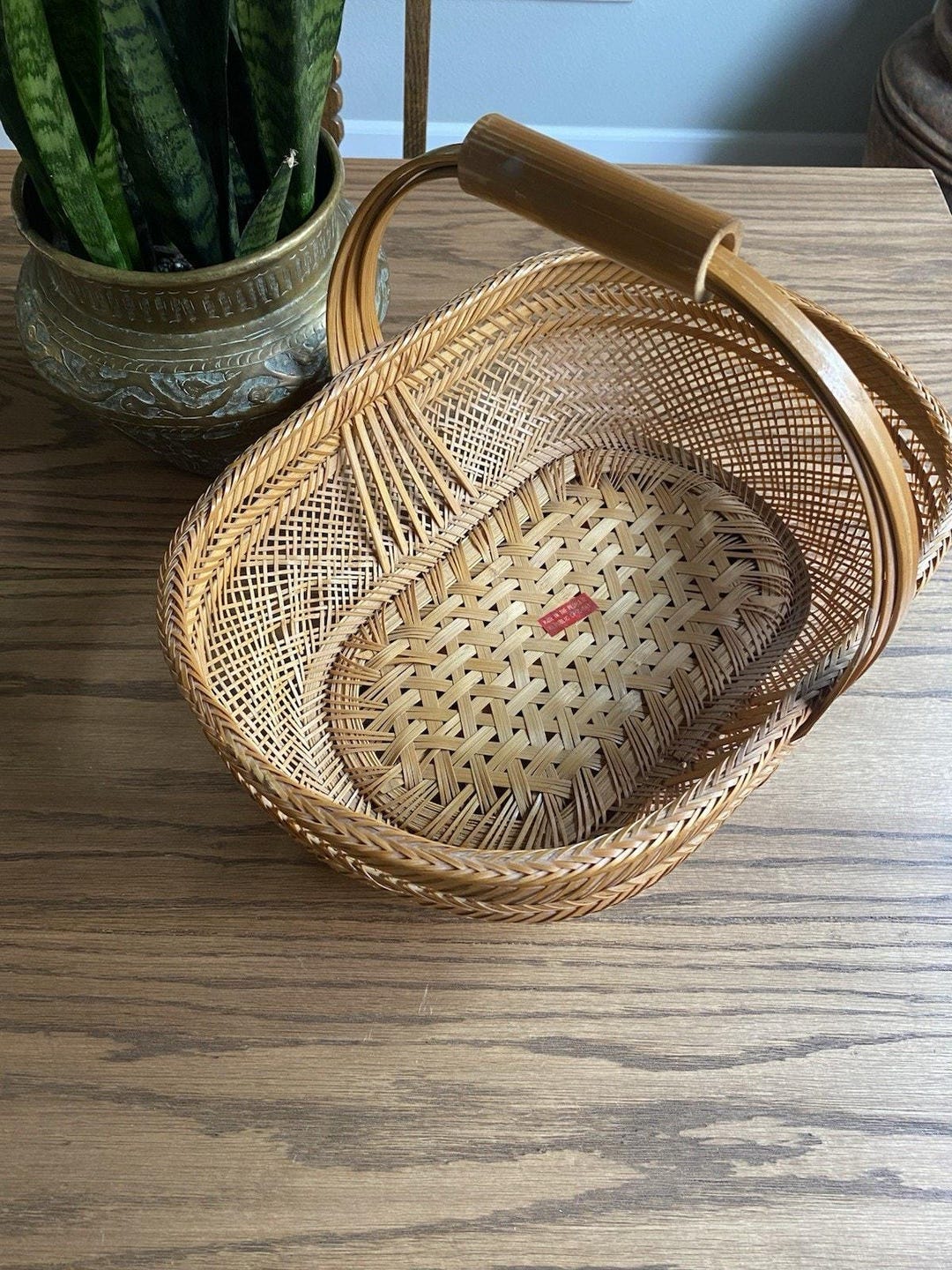 Vintage 1970s Bamboo Woven Basket Oval With Bamboo Rolling Handle