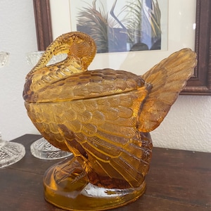 Prato de doces vintage LE Smith em vidro âmbar para peru: decoração grande para o Dia de Ação de Graças