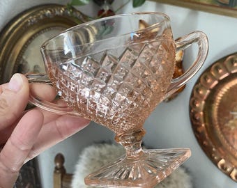 Vintage Pink Glass Sugar Bowl ‘Miss America’ Anchor Hocking Diamond Pattern