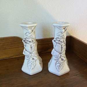 Vintage Red Wing Art Pottery Magnolia Rose Candle Holder Cottagecore Floral
