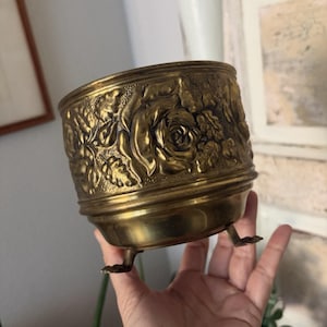 Vintage Midcentury Brass Rose Embossed Footed Planter Claw Feet 5” Planter