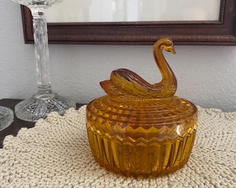 Vintage Jeannette Glass Amberina Glass Swan Powder Jar With Lipstick Holder Vanity Box