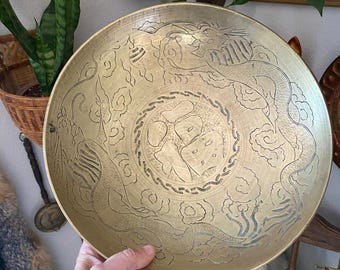 Antique Chinese Brass Dragon Bowl Dish Heavy Etched Brass 12” Vintage Brass Bowl