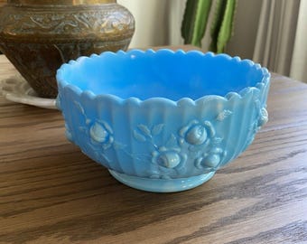 Vintage Fenton Cabbage Rose Bowl Blue White Slag Glass Bowl