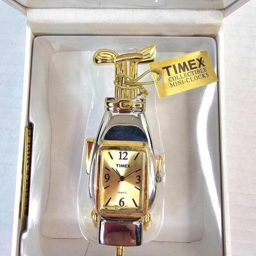 VTG Timex Collectible Mini Clock Golf Bag Design Gold Silver Tone