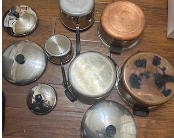 Juego de 9 piezas de utensilios de cocina Revere Ware Farberware de acero inoxidable con base de cobre, de los años 80.