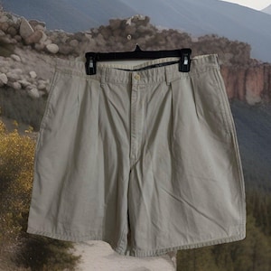 VTG Polo Ralph Lauren Shorts Mens 38 Khaki Chino Pleated Pockets Black Label