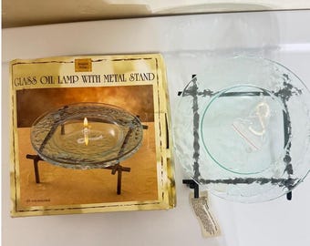 VTG Designer Living helderglazen olielamp met zwart metalen standaard en lont M497