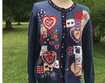 VTG Heirloom Collectibles patchwork hart geborduurd vest trui dames L