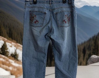 Vaqueros cortos Y2K Ninety Brand Grannycore para mujer, talla 14, 5 bolsillos, bordados, holgados