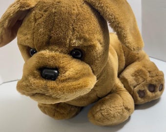 ヴィンテージ 小型 茶色 犬 ぬいぐるみ 首に黄色いリボン付き