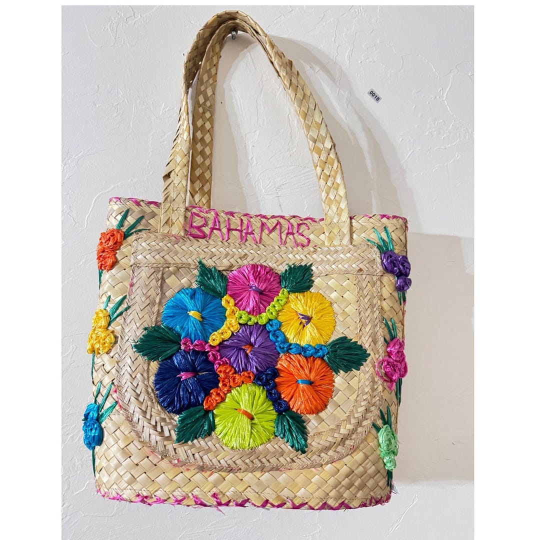 Vintage Bahamas Woven Straw Tote Bag Floral Embroidered Beach Handbag ...