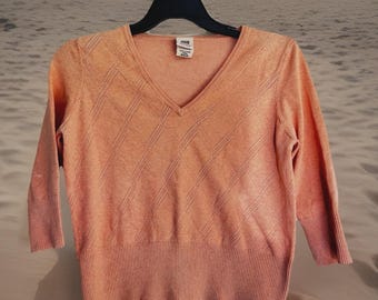 Y2K Argyle Knit Sweater, Orange V-Neck 3/4 Sleeve, Size M