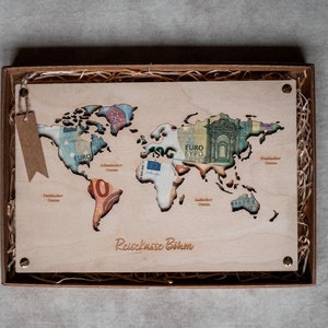 personalisiertes Geldgeschenk Weltkarte, Reisegeld, Hochzeitsgeschenk, Geburtstagsgeschenk, Holzkarte