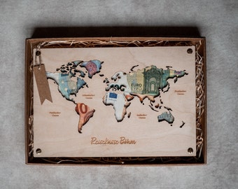 personalisiertes Geldgeschenk Weltkarte, Reisegeld, Hochzeitsgeschenk, Geburtstagsgeschenk, Holzkarte