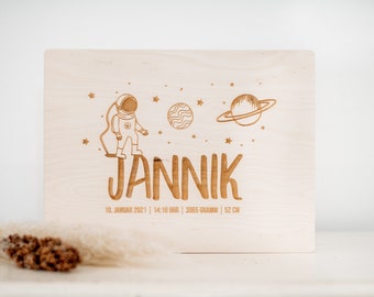 Personalisierte Erinnerungsbox für Babys und Kinder, Holzbox, Holzkiste, Holzgravur, Aufbewahrungsbox, Geschenk zur Geburt, Astronaut