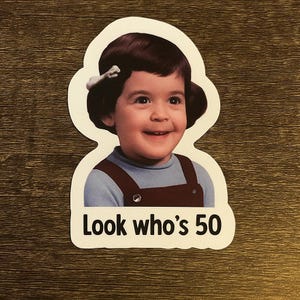 Look Who’s 50 Birthday Stickers,Funny Milestone Party Favor,Turning 50 Label,Happy 50th Celebration Sticker,Retro Vintage Style Decal