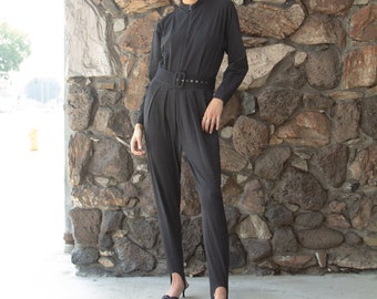 Vintage 80s black cotton-blend stir-up belted jumpsuit // XS (1202)