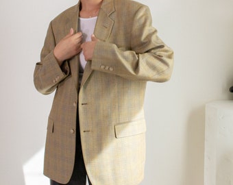 Vintage gold silk and wool windowpane blazer // XXL+  (1542)