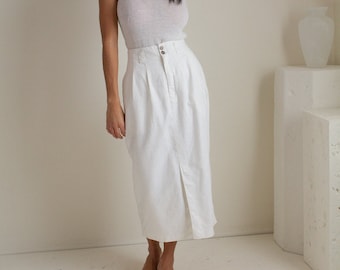 Vintage white linen midi skirt // S (1560)
