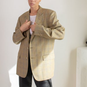 Vintage gold silk and wool windowpane blazer // XXL+  (1542)