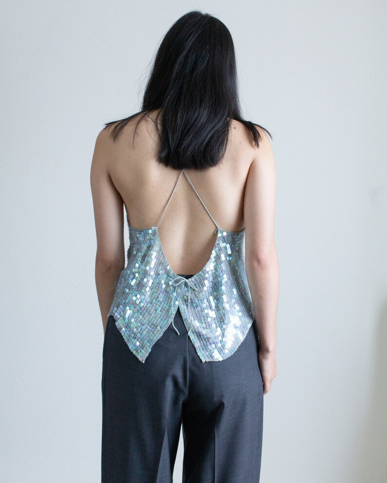 Y2K light blue silk sequined backless tank top // L (2403)