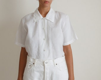 Vintage white linen lace detail short sleeve blouse // L (2086)