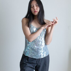 Y2K light blue silk sequined backless tank top // L (2403)
