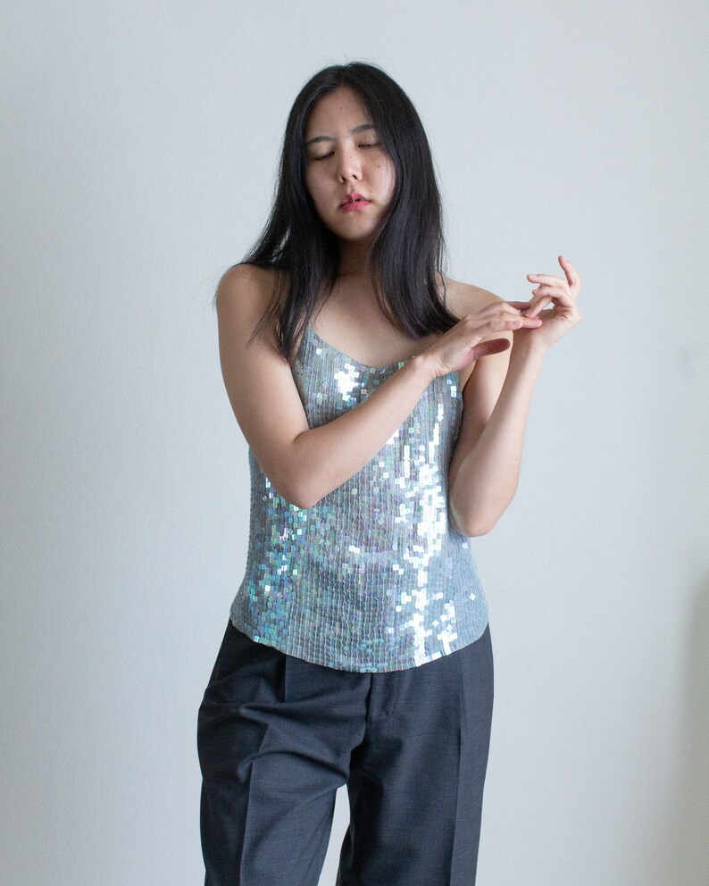 Y2K light blue silk sequined backless tank top // L (2403)