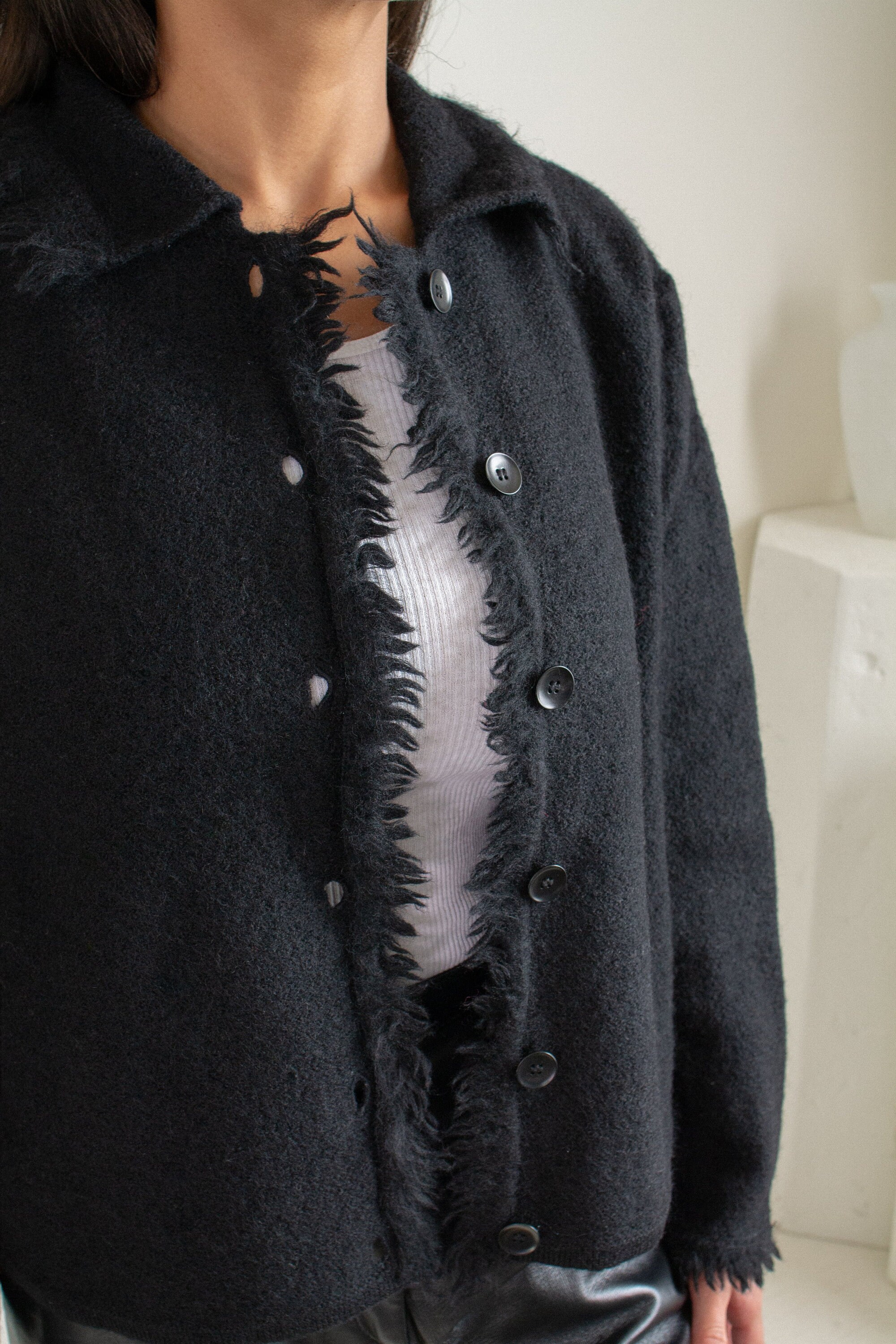 トップス 70s- black virgin wool cardigan Vintage Black Cardigan 1970s Gothic Mod Retro Pure Wool