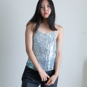 Y2K light blue silk sequined backless tank top // L (2403)