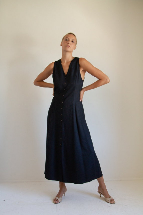 Vintage 90s long black minimal tie back dress // S