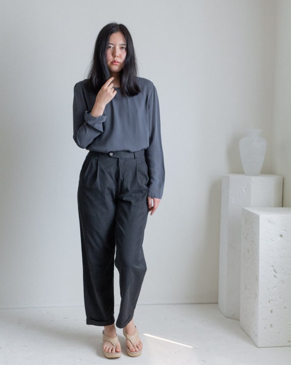 Vintage charcoal gray cotton pleated pants // S (… - image 2