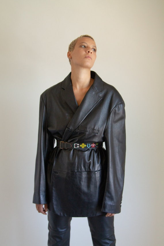Vintage 40s/50s black leather and beaded belt // S