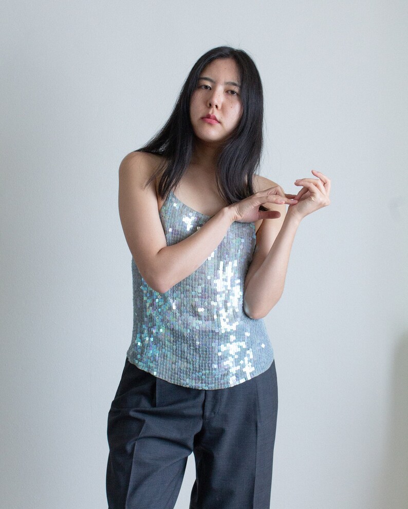 Y2K light blue silk sequined backless tank top // L (2403)