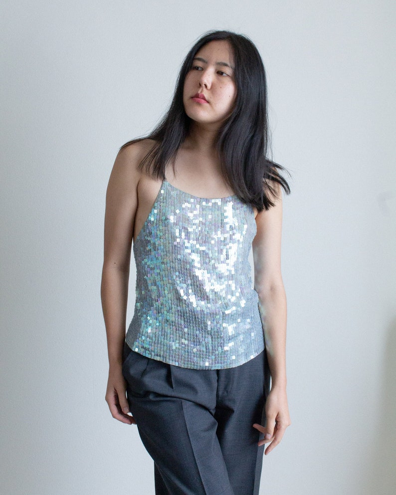 Y2K light blue silk sequined backless tank top // L 2403 image 1