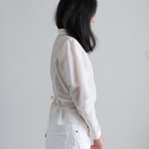 Y2K ivory silk and linen sheer wrap blouse // L (2411)