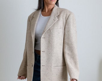 Vintage cream heathered wool herringbone blazer // XL (2307)