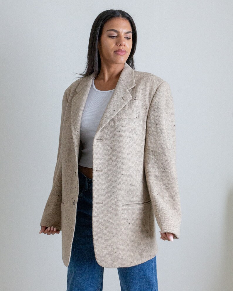 Vintage cream heathered wool herringbone blazer // XL (2307)