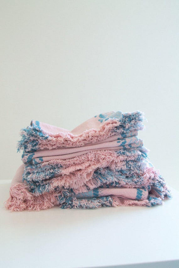 Vintage blue and pink embroidered napkin and table
