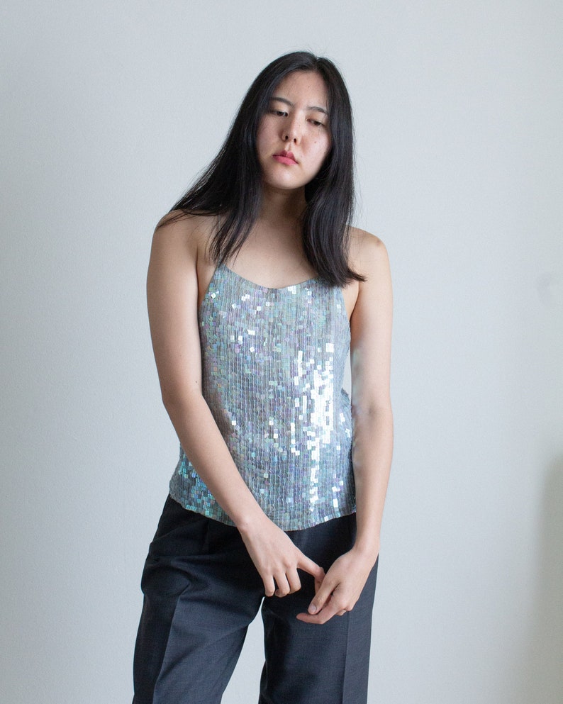 Y2K light blue silk sequined backless tank top // L (2403)