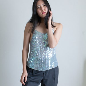 Y2K light blue silk sequined backless tank top // L (2403)