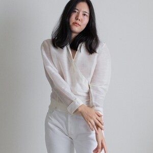 Y2K ivory silk and linen sheer wrap blouse // L (2411)