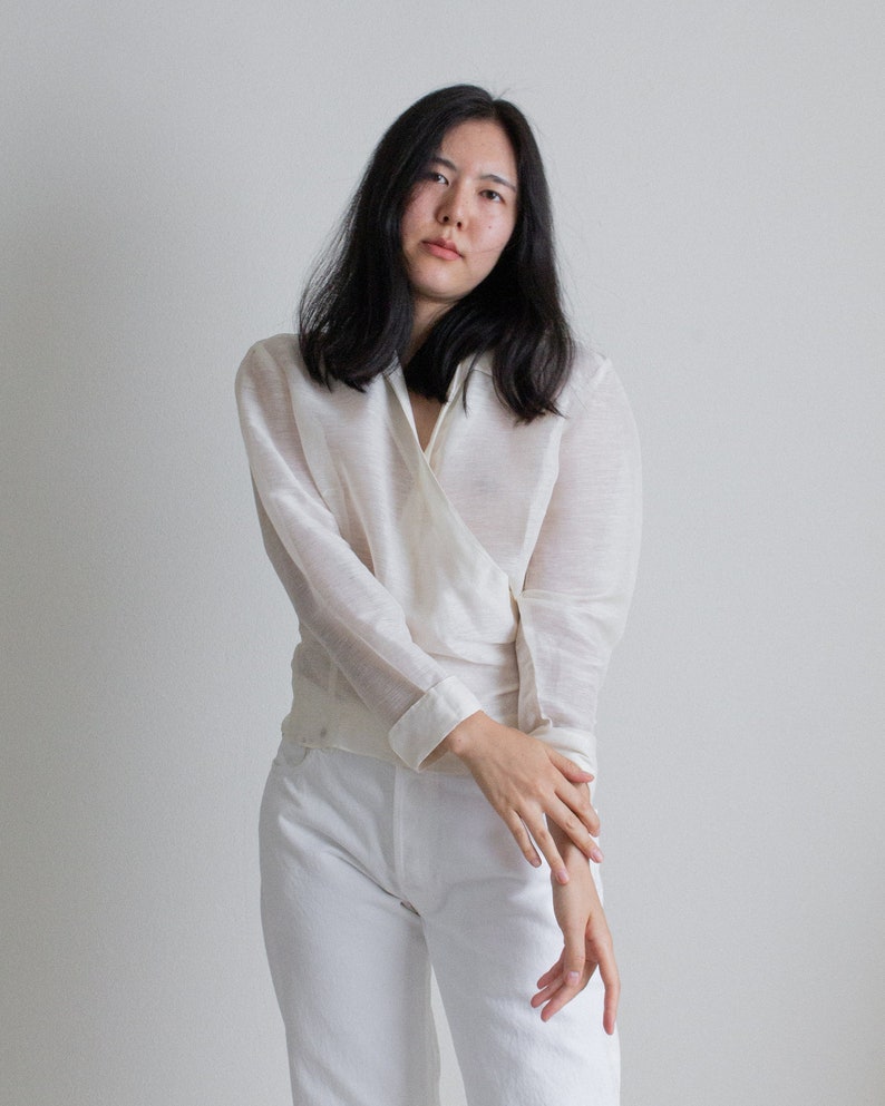 Y2K ivory silk and linen sheer wrap blouse // L (2411)